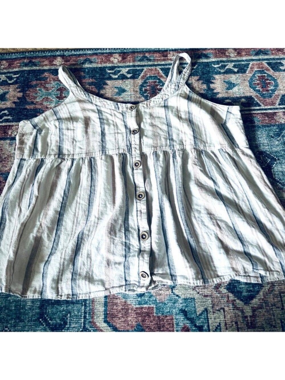 Empire Linen Blend Womens Tank Top 3X Stripe Boho Relaxed Button Coastal Comfort